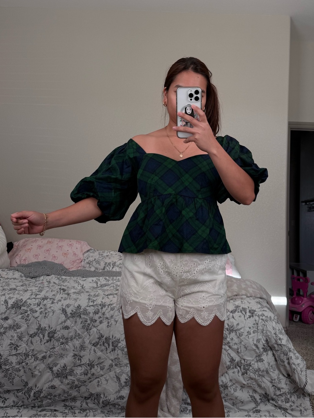 Old Navy Green and Navy Plaid Puff-Sleeve Peplum Top